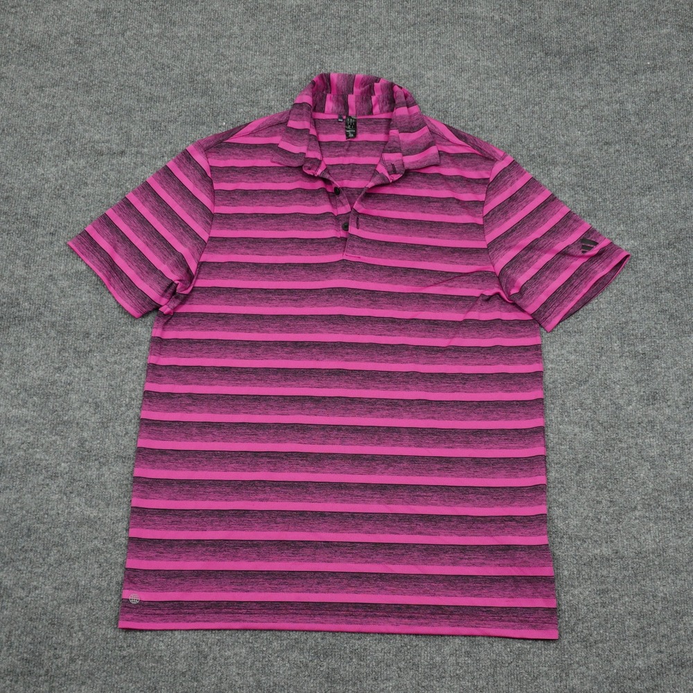 Adidas Polo Shirt Men Medium Pink Black Striped Performance Short Sleeve Golf